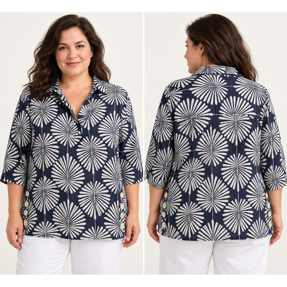 Joie Navy White Fan Palm Leaf 100% Linen Tunic Top 3/4 Sleeve Plus Size 1X